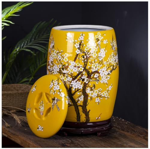 ZBJDX Ceramic Rice Bucket with Lid, Airtight Grain Dispenser, Ceramic Rice Storage Jar with Exquisite Chinese Style Patterns,Yellow,Small