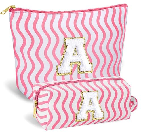 SEFORICO Personalisierte Kosmetiktasche Damen Mädchen - Geburtstagsgeschenke für Frauen A-Z Schminktaschen 2 Pack Reise Kosmetiktaschen Geschenke für Teenager Mädchen, Beste Freunde, Schweste(Rosa A)
