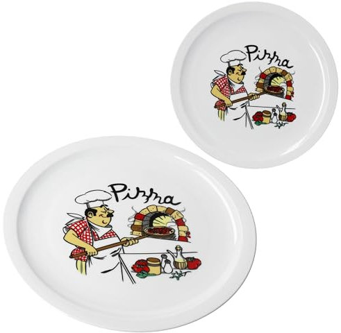 MamboCat 2er Set Mario Pizzateller XXL I Ø 33,5 cm I für 2 Personen I weiße große Pizzateller aus Porzellan mit Pizza-Bäcker Motiv I für Pizzen oder zum Anrichten I große Speiseteller, Servierplatte