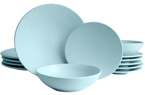 ECHTWERK Servizio da tavola vintage da 12 pezzi, design naturale “Blanka”, per 4 persone, set di stoviglie in gres con 4 piatti da portata, 4 piatti da portata, 4 piatti fondi, menta