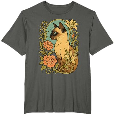 Chat siamois vintage entouré d'élégantes fleurs de jardin T-Shirt