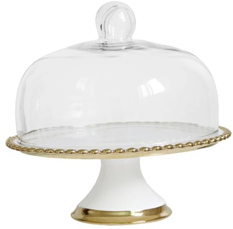 FUNNETOYU Alzata Per Torte in Ceramica Con Coperchio in Vetro Trasparente, Piatto Da Dessert Decorativo Con Piedistallo Color Oro, Porta Torte Per Feste, Matrimoni e Uso Domestico
