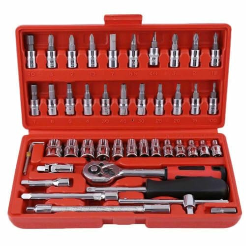 46-Piece 1/4 Inch Socket Wrench Set and Tool Set, Ratchet Wrench Set with Metric Bit Socket Set and Extension Rod for DIY, Auto Repair and Home Use with Storage Box