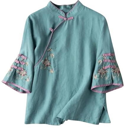 Top oversize da donna con ricamo floreale manica a 3/4 con scollo a V camicetta in stile cinese asimmetrico rane bottoni camicie maniche a campana orlo a fessura tunica top estate autunno festa casual
