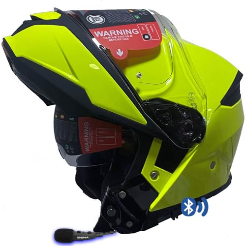 Designed SMK Gullwing Bluetooth Sena 3S-Plus Integrado Amarillo Fluo - Casco de Moto Modular Abatible con Visor Solar - Homologado P/J ECE 22.06