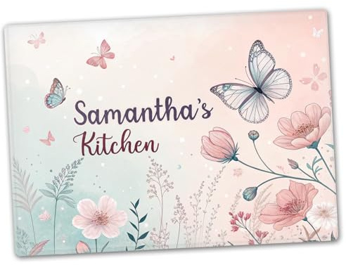 Personalised Glass Chopping Board, Pastel Colours, Pink Flowers and Butterfies, Cutting Board, Kitchen Worktop Saver 40cm x 30cm, Wedding, Anniversary, Housewarming, New Home, Birthday Gift