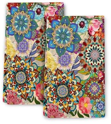 Dermalyx 2 Stück Boho Blumen Küchentücher Dekoratives Set, Bunte Blumen Spültücher Küche Saugweiche Handtücher Tee Bar Tücher Küchendekor Kochen Backen 40 * 60cm