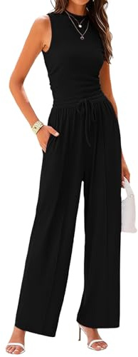 Rayson Conjunto para Mujer de Dos Piezas Casual Verano Top Sin Mangas y Pantalones Anchos de Cintura Alta con Bolsillos Chandal Colores Sólidos Cordón(Negro,S)