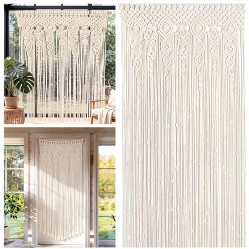 Gobanwei Boho Makramee Vorhang, Handgefertigter Türvorhang mit Fransen aus Baumwollseil, Türhänger & Raumteiler für Schlafzimmer Wohnzimmer Balkontür, Boho Style Wanddeko, 100x200cm
