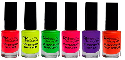 Stampinglack Neon Set Rot Gelb Grün Pink Lila Orange Stamping Lack RM Beautynails 6er Pack 6x12ml