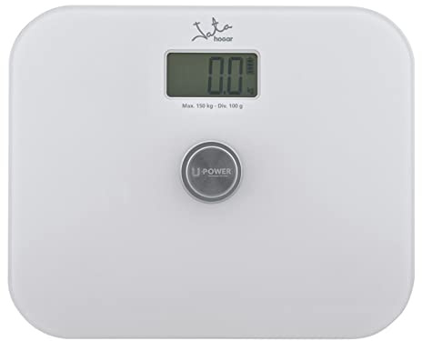 Jata 499 - Báscula de Baño Digital Grasa Corporal, Pantalla LCD, Alta precisión, Carga Automática, Ecológica, Capacidad de 150 kg, Plataforma de Vidrio, Apagado Automático, Blanco