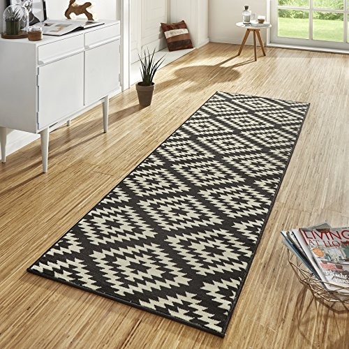 Hanse Home Teppich Läufer Nordic 80x400cm – Teppichläufer Weicher Kurzflor Teppich Modern Raute Design Läufer für Flur, Schlafzimmer, Kinderzimmer, Badezimmer, Wohnzimmer, Küche Dekoläufer – Schwarz