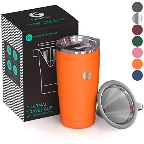 Coffee Gator Insulated Coffee Cup with Paperless Filter, All-in-One Hand Drip Coffee Maker with Filter, Thermal Stainless Steel Travel Cup for Hot Drinks - 585ml / 20oz (Orange)