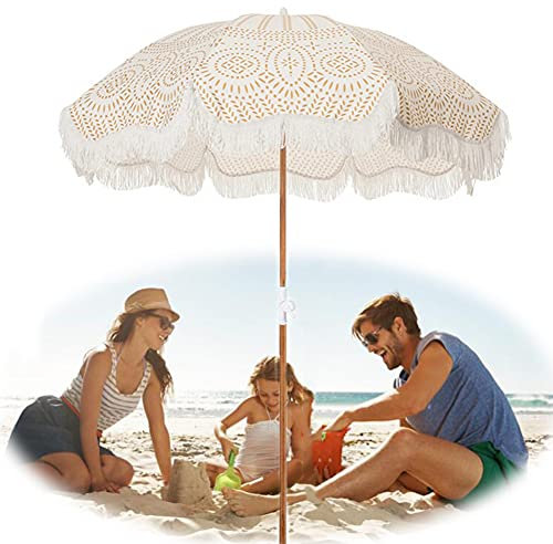 ACXZ Parapluie de Plage extérieur 200cm Parasol de Jardin Patio en Bois Petit Gland Rond avec d'inclinaison, imperméable et résistant aux UV, Beige avec Motif