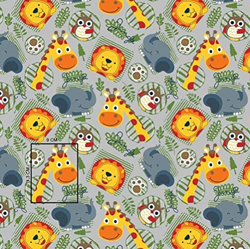100x160cm Giraffe Eule Löwe Elefant Jungle 100% Baumwolle Baumwollstoff Kinder Meterware Handwerken Nähen Stoff (Giraffe Eule Löwe Elefant Jungle Grau, 100x160cm)