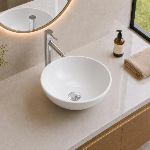 BELOFAY Counter Top Bathroom Basin Sink – Modern White Ceramic Wash Basin with Scratch-Resistant Gloss Surface – Sink basins for Cloakroom,Vanity Cabinet and Bathrooms (Round Without Over Flow)