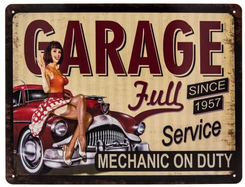 Mehr Relief-Schilder hier... Full Service Garage Officina Targa in metallo Retro Pin Up Girl Vintage Targa Decorazione 33 x 25 cm, multicolore