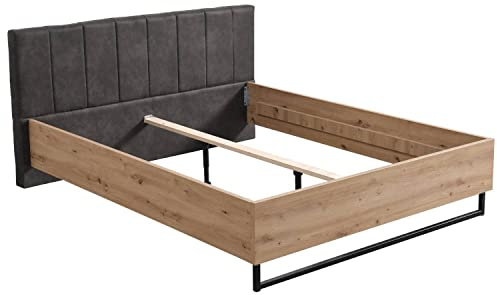 Homestyle4u 2152, Holzbett 160 x 200 Doppelbett Grau Holz Eiche Massiv Bett 160x200 Metall Schwarz Modern