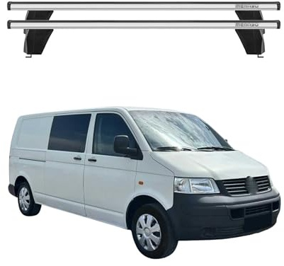 Menabo Dachträger Grundtäger kompatibel mit VW T5 Transporter 2003-2015 Aluminium 75kg Silber 2tlg Fixpunkte für Fahrradträger, Dachboxen, Skiträger Abschließbar