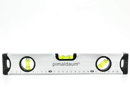 pimaldaum® Wasserwaage aus Aluminium 30 cm mit 3 Libellen horizontal, vertikal und 45-Grad diagonal, sowie Lineal mit cm-Skalierung und bodenseitigen Magneten