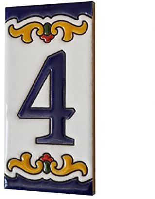 Chiffres et lettres en céramique Malaga espagnol avec option de cadres en filigrane (numéro 4 bleu) 11 x 5,5 cm