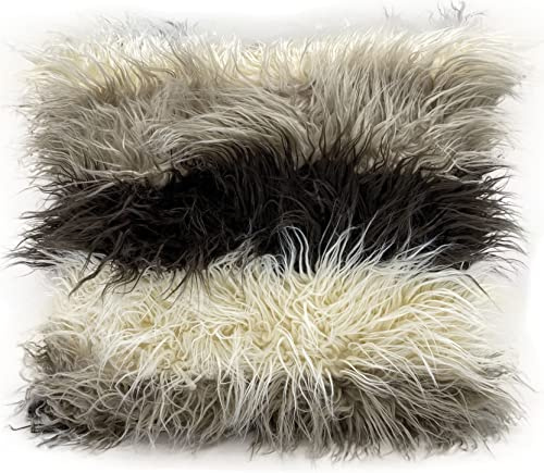 Faux Fur Cushion Cover or Cushions Striped SHAGGY Fur Cushions (21x21 Cover Only, Brown Beige Cream)