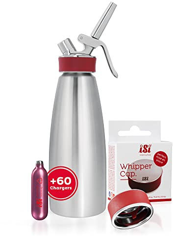 ISI - Gourmet Whip Sahnespender 1L + 6 x 10 Sahnekapseln + Whipper Verschlusskappe im Bundle - Sahnesprüher Set aus 100% Edelstahl für Sahne, Suppen, Espumas & Desserts - Made in Austria