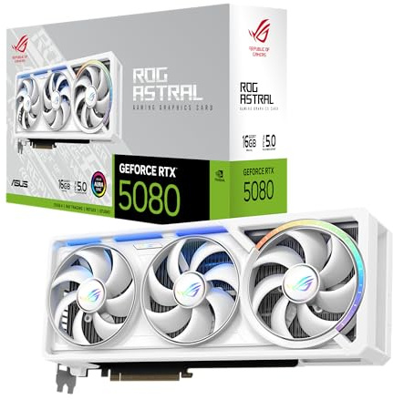ASUS ROG Astral GeForce RTX 5080 16GB GDDR7 White Gaming Quad-Lüfter-Grafikkarte (NVIDIA DLSS 4, 3,8-Slot Design, PCIe 5.0, 3X DP 2.1b, 2X HDMI 2.1b, Weiß, ROG-ASTRAL-RTX5080-16G-WHITE)