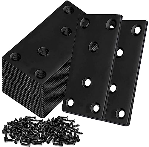 LOSYHU 20Pack 4x2 Inch Black Flat Mending Plates Flat Bracket, Stainless Steel Mending Joining Plates Repair Fixing Bracket for Wood Furniture Fence