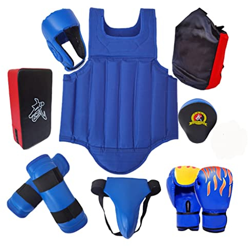 Kopf, KöRper Und Fuß Schutz GeräT Set Martial Arts Protector Ausrüstungen, Sparring Gear Set,Kickboxing 8pcs Set Mit Boxing Kick Pads Punching Mitts Curved, Für Männer (Color : Blue, Size : Large)