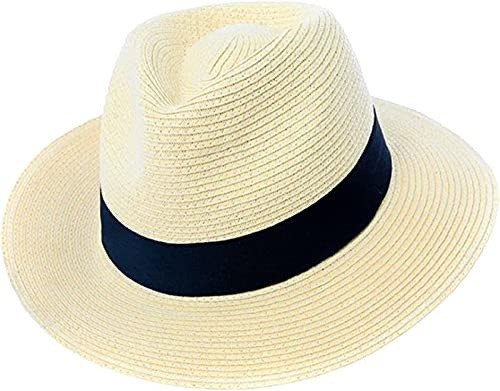Mens or Womens Straw Fedora Hat Crushable Wide Brim Panama Hat Trilby Summer Cap (60 cm) Off-White