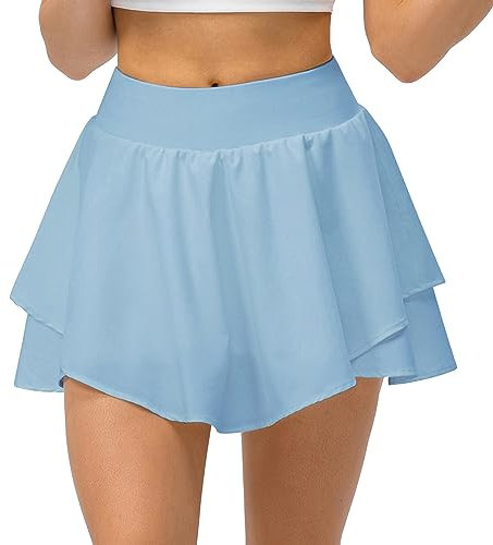 Ruowuhen Damen Tennisröcke Golfrock mit Taschen Hohe Taille Tennis Skort Laufröcke Sport Minirock mit Innenhose Himmelblau S