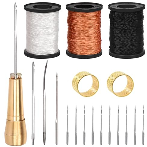 Swpeet Kit di punteruolo e ago per cucire in tela e pelle, 19 pezzi, con filo cerato in nylon assortito, strumenti con manico in rame per pelle, scarpe e riparazione
