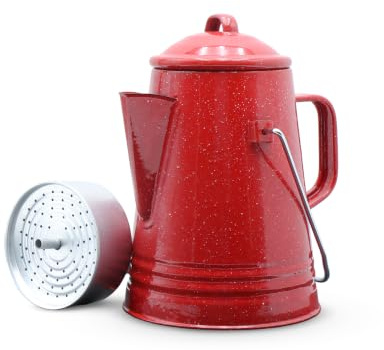 GRIP Coffee Percolator (Red) - Durable Glazed Enamel Steel - Prepare Coffee Over the Fire - Camping, Hiking, Backpacking, Fishing, Hunting - (8 Cups)