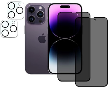 AYWLPP 2 Stück Sichtschutz für iPhone 14 Pro mit 2 Stück Kameraschutz, Anti-Spähen Privatsphäre Schutzfolie,Anti-Spy Panzer Schutz Glas Folie, HD Blickschutzfolie, 9H Härte, Anti-Kratzer