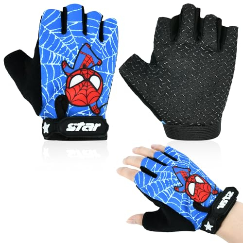 Fahrradhandschuhe Kinder, 1 paar Cartoon BMX Fahrradhandschuhe kinder Sommer, Mountainbike Handschuhe Kinder, Kletterhandschuhe kinder, Fingerloser Schutz Handschuh für Kinder 6-10 Jahren (Blau)