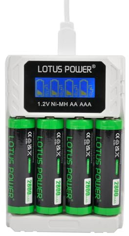 LOTUS POWER Universal 4 Slot Charger & 1.2 V Ni-MH AA Battery Set, AA AAA Charger with Rechargeable AA Batteries (1 Charger & 4 Batteries)