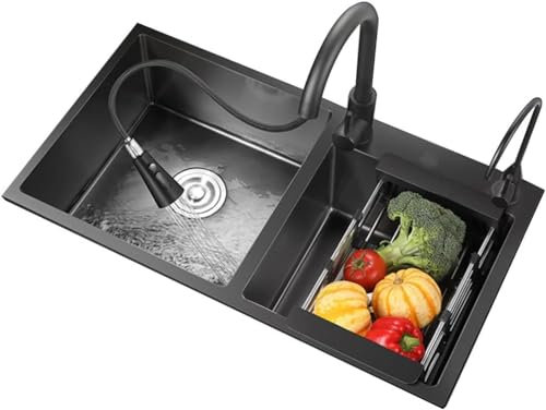 ZHENCHAO Poste de Travail Évier sous Plan Cuisine Maison Cuisine Évier en Acier Inoxydable Évier Double Bassin à légumes Évier à Siphon avec Robinet, Robinet Propre, égouttoir Panier éviers