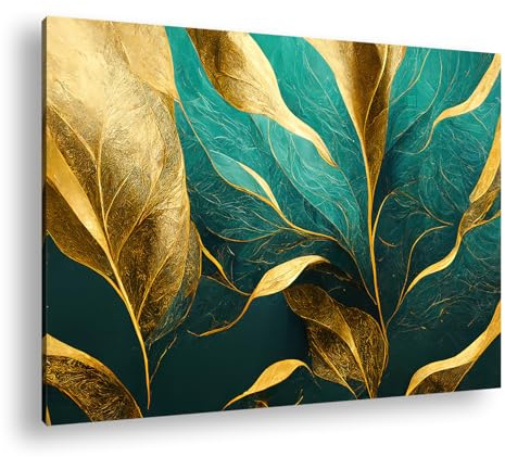 Leinwandbild Goldene Blätter tanzen vor smaragdgrünem Hintergrund. Format: 120x80 cm XXL Kunstdruck Bild auf Keilrahmen/Wandbild/Wohnzimmer Deko