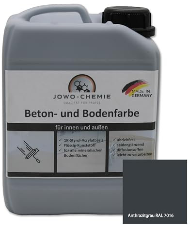 JOWO-CHEMIE Bodenfarbe (5kg) Betonfarbe Flüssig Kunststoff für 40m² Grauton Beton Estrichfarbe Beschichtungen für alle mineralischen Bodenflächen (Anthrazitgrau RAL 7016)