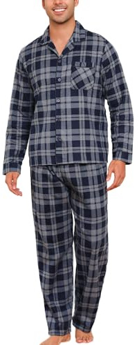 ENJOYNIGHT Schlafanzug Herren Lang Flanell Pyjama Set Winter Nachtwäsche | Weicher Baumwollstoff, Kariertes Design, Hose mit Zwei Seitentaschen, Bequem für Nacht & Lounge