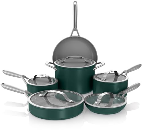Ninja NeverStick Ceramic Pro 11-Piece Cookware Set, Non-Stick Pots and Pans, Glass Lids, Ceramic Coated, Stainless Steel, Stove to Oven Safe, All Stovetops, Induction Compatible, Green, CW39011GN