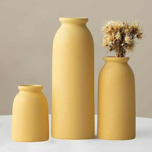 Keramikvase Set-3, Kleine Blumenvasen für Dekor, Moderner Boho-Bauernhaus-Stil, dekorative Vasen für Pampasgras & Trockenblumen, Used-Finish (Gelb)