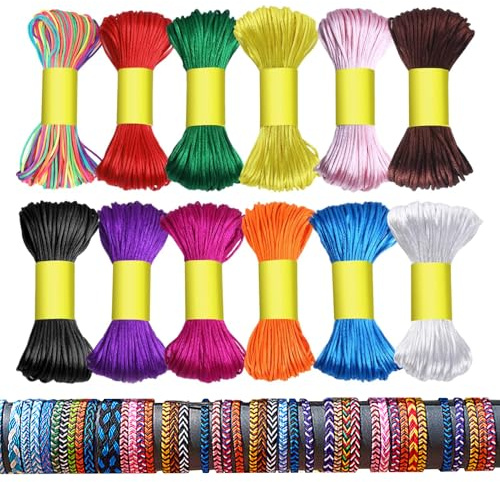 12 Stücke Satinkordel Perlgarn für Freundschaftsbänder, 1.5mm Armband Band, 12 Farben Nylonfaden für Armbänder, Knüpfbänder für DIY Schmuck Halskette Armband String (20M Jede Farbe)