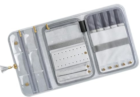 Cabilock Rouleau Organisateur De Bijoux à Pompon En Cuir Rester Tiroir Porte-bijoux Accessoires De Voyage Pochette Porte-collier Voyages Homme Portefeuille Cas Grey Alliage