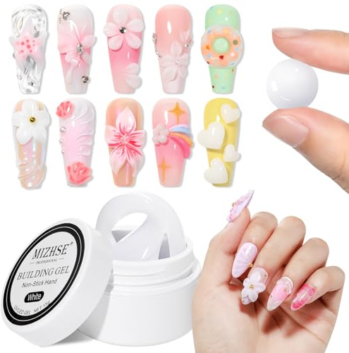 MIZHSE Builder Gel for Nails - 3D Nail Gel, Hard Gels for Nail Art, Non-Sticky, Solid UV Gels for 3D Sculpture, White,15g