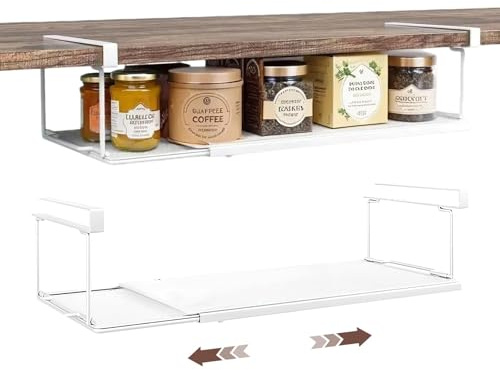 Davimaxium Erweiterbarer Hängekorb unter dem Regal, Aufbewahrungskorb, Organizer unter Hängekörben für Schrank, Speisekammer, Schreibtisch-Organisation, 21 cm T x 38,5 cm B x 19,5 cm H, Weiß