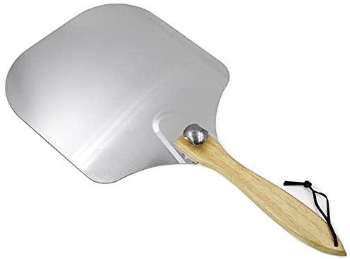 Pala Rotante con Manico in Legno, Pala per Pizza, Manico in Legno, Pala per Pizza in Alluminio, Strumento per Il trasferimento della Pizza, Pala per Cheesecake, Argento, 60,5 * 35,5 * 30,5 cm