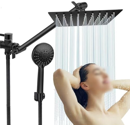 UCVJXDEM Dual Head Stainless Steel Shower Panel, 5 Function Rainfall Shower Combo with Overhead Rain Showerhead, Handheld Spray, Black(8in)