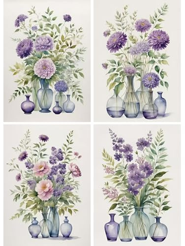SHEGZHUC 4 Pack Diamond Painting Erwachsene Blumen in Vase Lila, 30x40cm Diamant Malerei Bilder Blumenstrauß, Mosaik Stickerei Kreuzstich Kunst Geschenk, Wanddekoration für Schlafzimmer Wohnzimmer